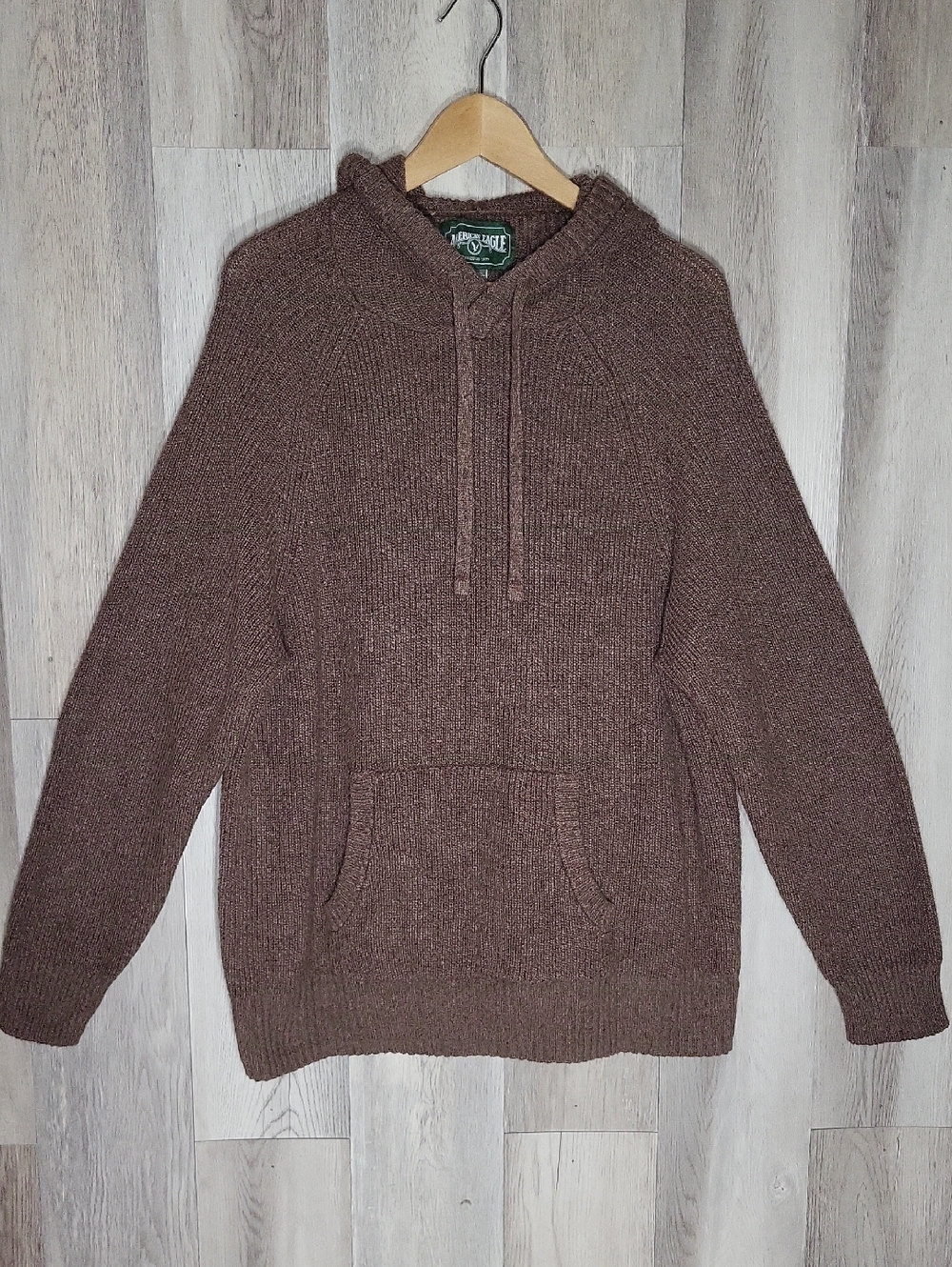American Eagle Mens XXL Brown Chunky Knit Hoodie Sweater Pullover Hooded Cozy
